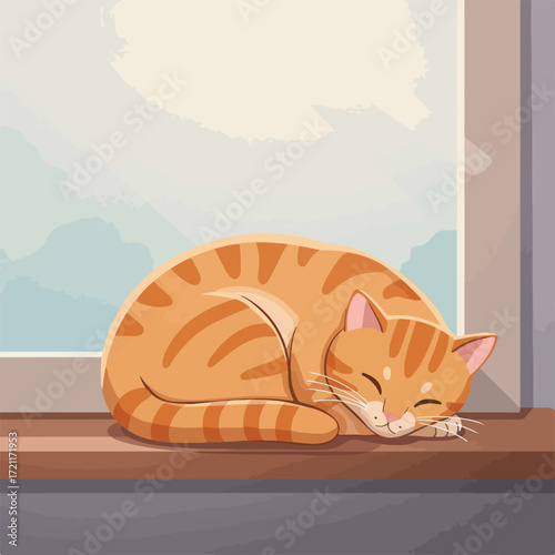 Sleeping orange tabby cat curled on a windowsill against light blue scenery