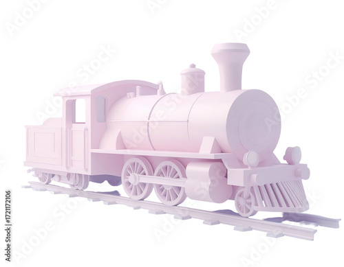 Light pink, stylized, 3D model steam train on tracks