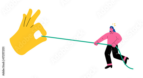 Business woman pulling the rope from the big business hand with difficulty. Unhelathy rivalry concept. Flat vector illustration isolated on white background