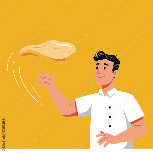 Chef tossing pizza dough. Solid mustard background, stylized illustration