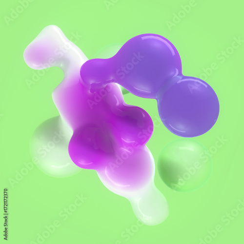 Digital illustration of smooth liquid drops with rounded shapes and a rich purple gradient. The light green background emphasizes their softness. 3d rendering