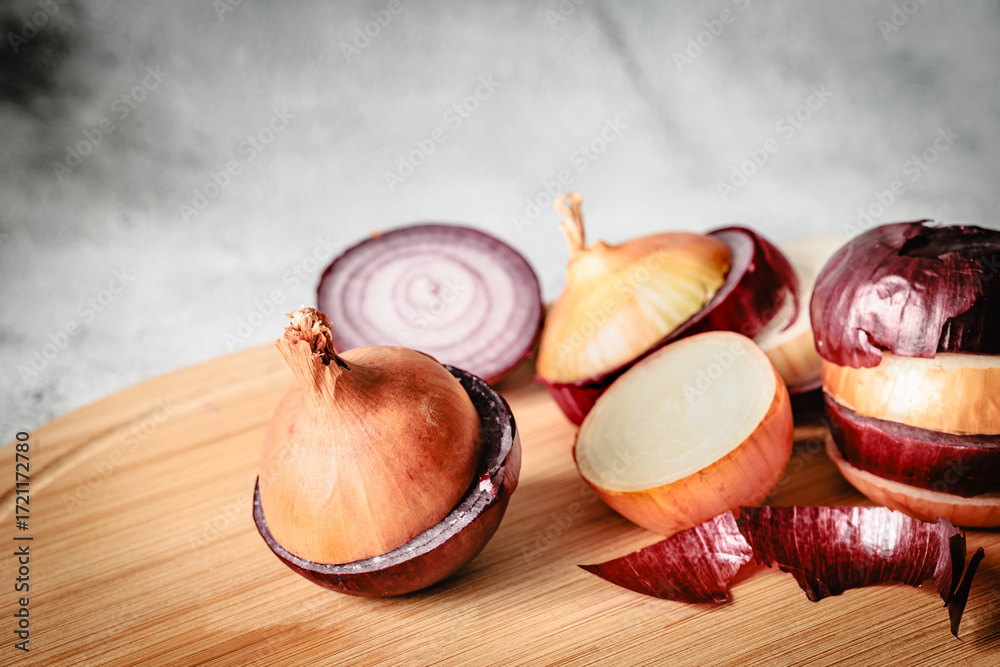 custom made wallpaper toronto digitalMixed onion slices with red skins and yellow cores on cutting board with rustic knife. Raw kitchen scene showing freshness, contrast, and food preparation vibe