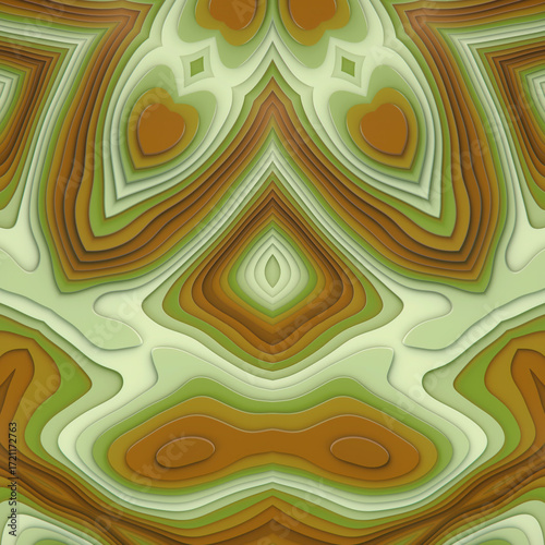 Symmetrical digital illustration of a colorful red-green wave pattern. 3d rendering