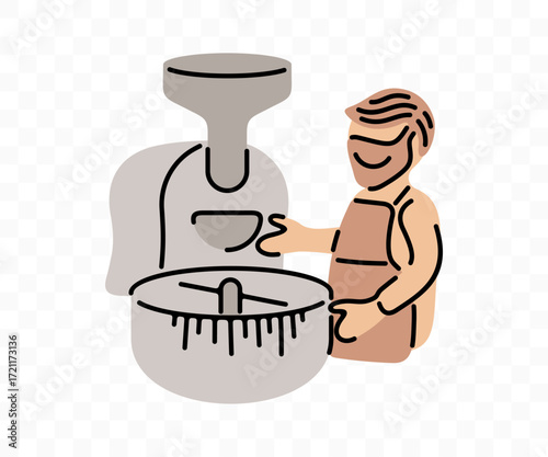 Coffee roaster at work, graphic design. Coffee beans are roasted on a roaster, vector design and illustration