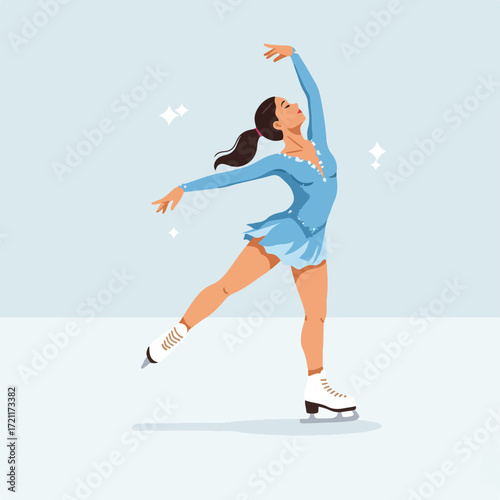 Figure skater in light blue dress, arms outstretched, balanced on one leg