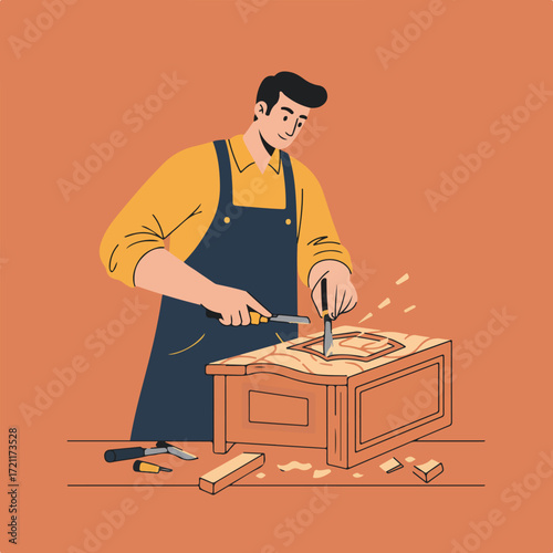 Man carefully carving wood on chest, apron, tools visible on orange background