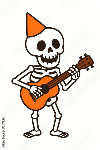 Whimsical skeleton musician celebrating with a festive orange party hat, strumming a guitar in a cheerful, lighthearted illustration perfect for parties and fun events