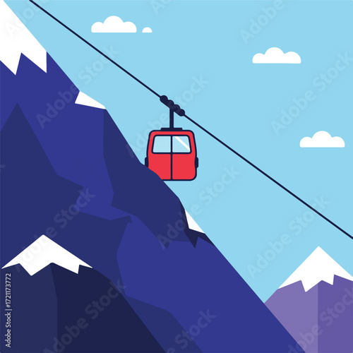 Red gondola rising between mountains on a cable, against a blue sky with clouds