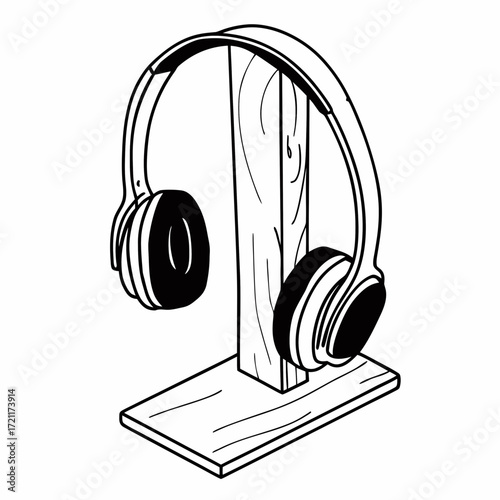 Illustration of black and white headphones resting on a wooden stand with a rectangular base design