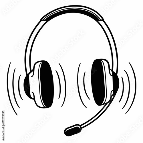 Illustration of a headset with microphone and sound waves emanating from the earcups in black and white