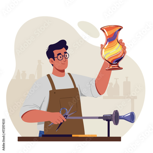 Glassblower holding art glass vase in workshop, using scissors