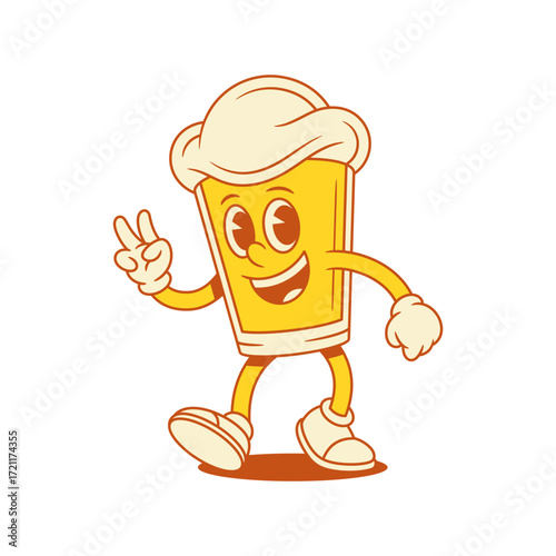 Funny beer glass cartoon character peace two fingers gesture mascot vector flat illustration. Cute comic foamy alcohol beverage greeting hand gesturing happy person face positive smiling
