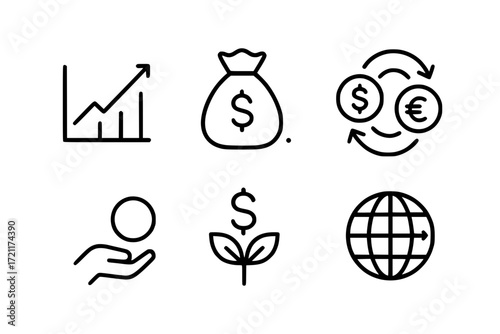 Concept of economy, finance, money, and global market icons signify economic recovery and growth potential. Ideal for financial presentations and publications.