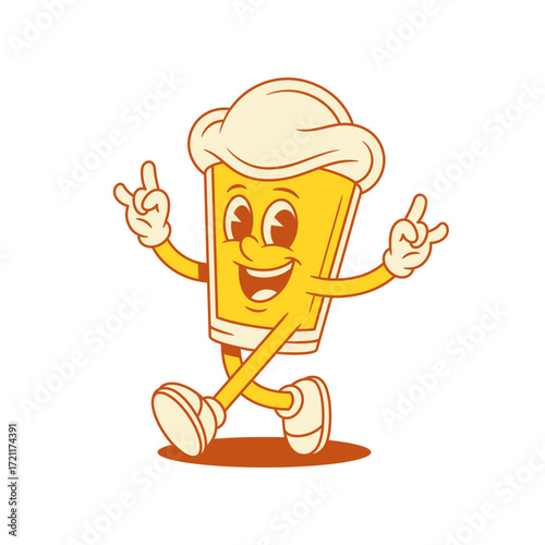 Cool beer glass comic cartoon character rock gesture vector flat illustration. Smiling malt foamy alcohol beverage funky mascot greeting with positive emotion two fingers gesturing