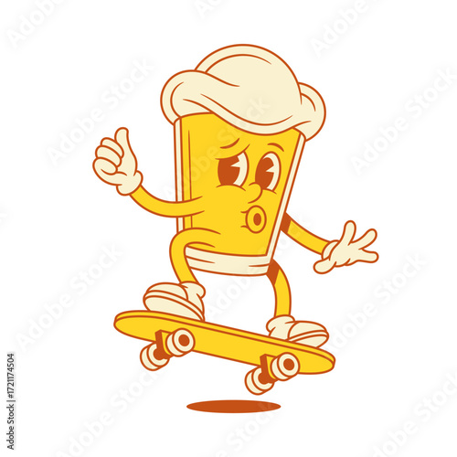 Cool funny beer glass cartoon character on skateboard vector flat illustration. Comic positive malt foamy alcohol beverage mascot riding board trick performing parkour