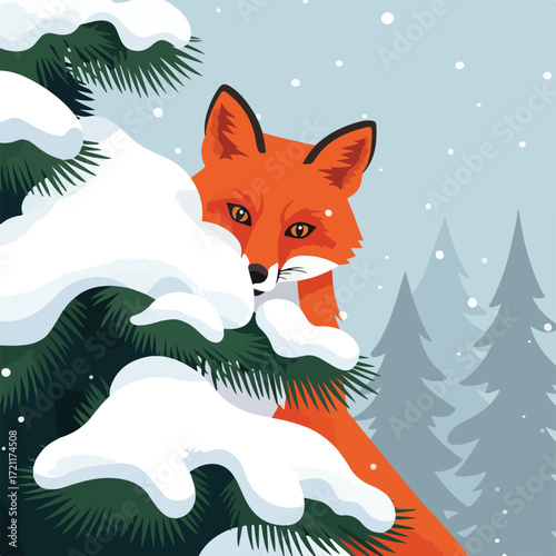 Fox peers out from a snow-covered tree in a winter forest with falling snow
