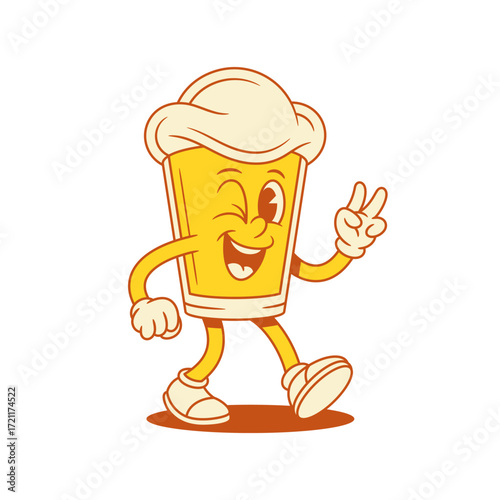 Funny cute beer glass cartoon character peace gesture vector flat illustration. Comic happy malt foamy alcohol beverage mascot showing two fingers greeting with positive emotion