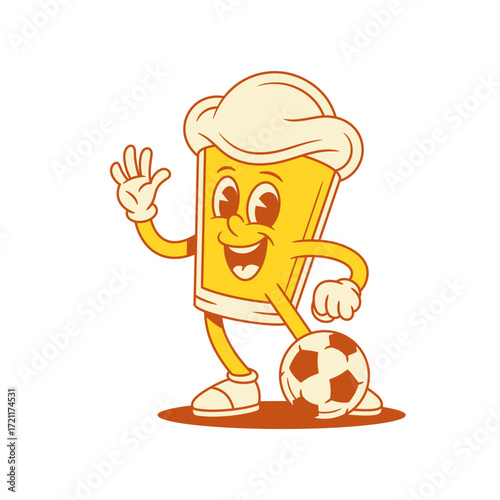 Comic beer glass cartoon character soccer with ball vector flat illustration. Funny adorable malt foamy alcohol beverage mascot football player team sport game with positive emotion