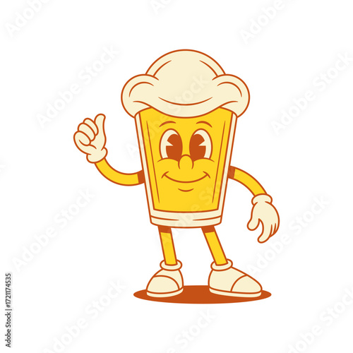 Comic funny beer glass cartoon character cool thumb up gesture vector flat illustration. Cute smiling malt foamy alcohol beverage mascot showing good like finger gesture positive emotion