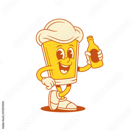 Smiling beer glass cartoon character with bottle vector flat illustration. Comic cute malt foamy alcohol beverage mascot with summer refreshing drink and positive emotion