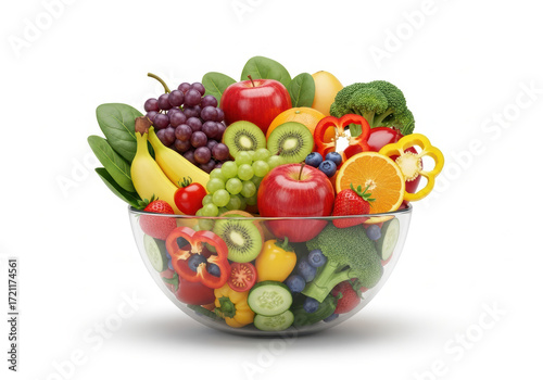 Fresh fruit and vegetable bowl with apples banana grapes kiwi orange berries bell pepper cucumber and broccoli arranged in glass salad bowl bright healthy colorful produce and leaves