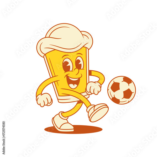 Comic beer glass cartoon character playing soccer vector flat illustration. Adorable cute malt foamy alcohol beverage mascot hitting ball football player sport team game with positive emotion
