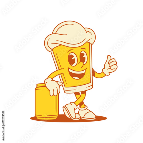 Funny beer glass cartoon character with can for party vector flat illustration. Comic adorable malt foamy alcohol beverage mascot with positive emotion for bar pub refreshment drink