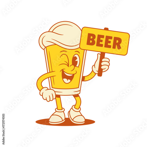 Smiling beer glass cartoon character with signboard vector flat illustration. Comic funny malt foamy alcohol beverage mascot showing sign refreshment summer drink bar pub party