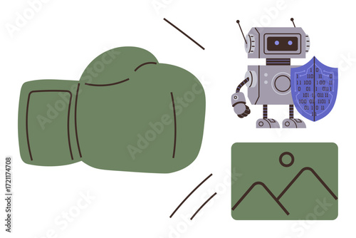 Boxing glove swings at a robot with a shield displaying binary code, symbolizing cybersecurity, competition, and resilience. Ideal for technology, cybersecurity, conflict, competition, innovation