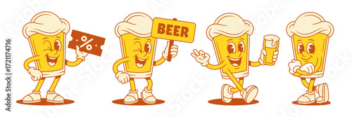 Adorable smile beer glass cartoon character emoticon set vector flat illustration. Cute comic malt foamy alcohol beverage mascot with signboard shopping sale tag cocktail happy standing