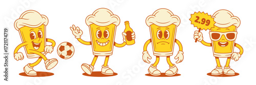 Smile comic beer glass cartoon character emoticon set vector flat illustration. Cute adorable malt foamy alcohol beverage mascot soccer playing bottle party sad shopping sale signboard
