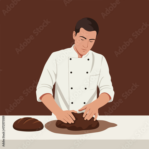 Baker kneading dough, prepared loaf beside