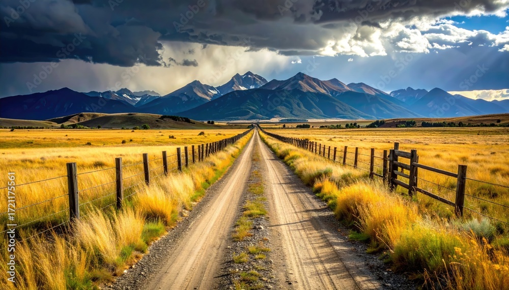 Obraz premium Scenic dirt road through golden field, mountains