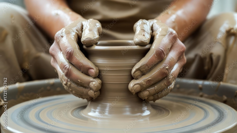 Fototapeta premium Hands shaping clay on pottery wheel