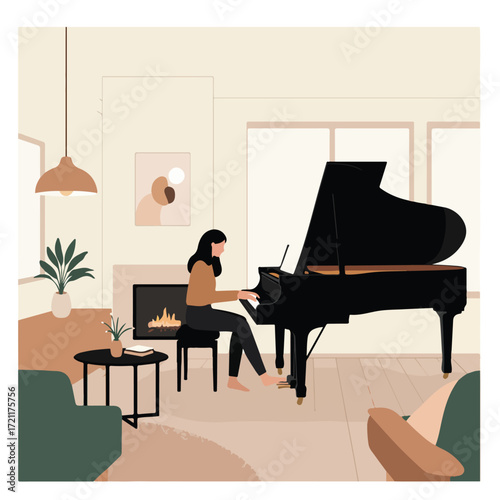 Woman plays piano in minimalist room with fireplace, art, plants and armchairs