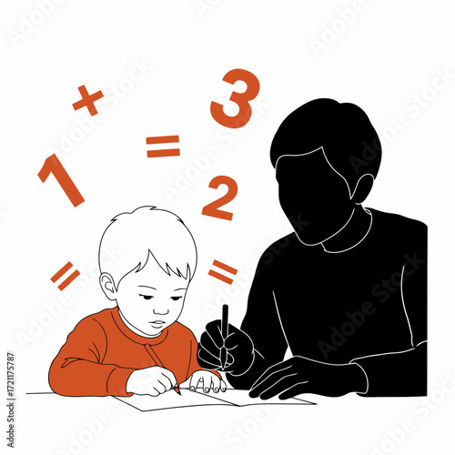 Vector art of child learning math with adult help