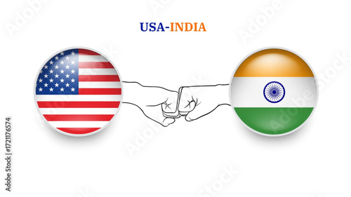 USA and india flags in circle with punches hand. USA And india clash. USA And india flags, isolated on white background. Vector icon set. Vector illustration.
