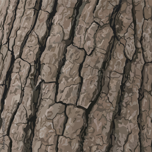 Illustrated close-up of heavily textured, brown tree bark with deep cracks