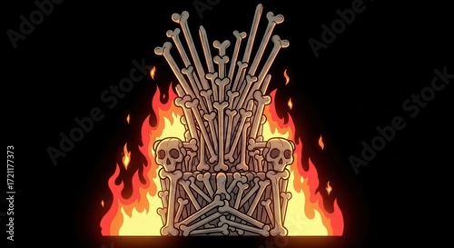 Macabre monarchy illustration featuring a throne crafted from bones surrounded by flames