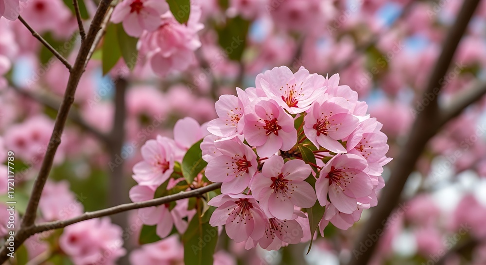 Obraz premium Close up of pink cherry blossoms on a branch.