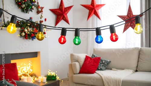 Colorful Christmas lights strung in a cozy living room