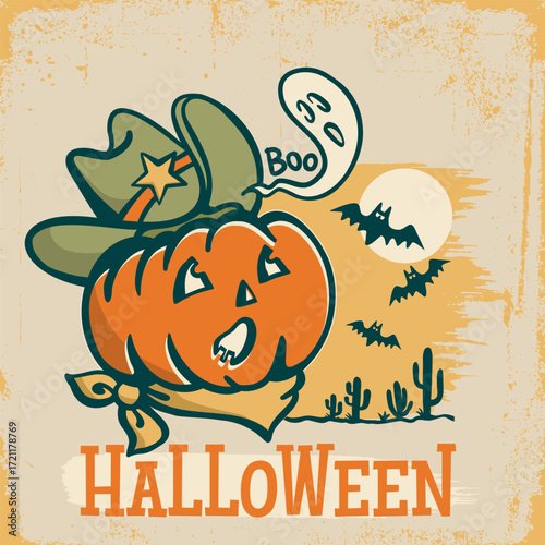 Howdy Halloween pumpkin with cowboy hat and ghost vector color illustration. Vintage Happy Halloween cowboy printable card with funny pumpkin on old paper texture background for text or design.