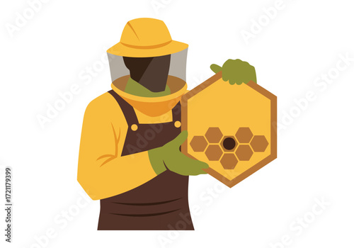 Beekeeper in protective gear holds a honeycomb frame