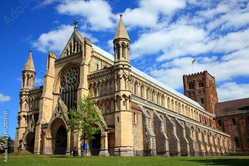 St Albans Cathedral in Hertfordshire England UK a Norman structure dating back to Anglo Saxon times and is the longest cathedral in the country, religious travel destination landmark stock photo 