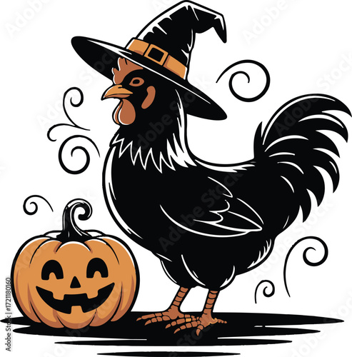 Halloween chicken with witch hat silhouette funny design