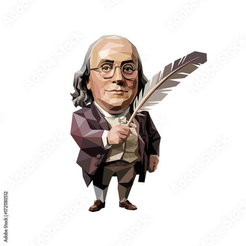 Benjamin Franklin standing confidently with a cane in a modern geometric art style