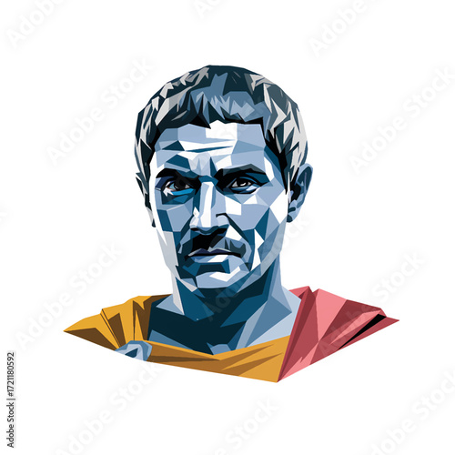 Sculpture of Julius Caesar in a dynamic pose showcasing confidence and authority in a modern art style