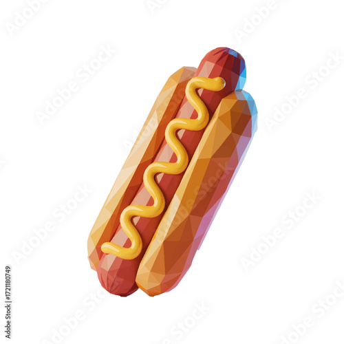Colorful low poly hot dog with mustard and relish served on a bun