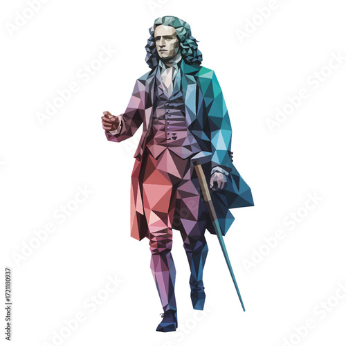 Innovative depiction of Isaac Newton walking with an apple in a creative polygon style artwork