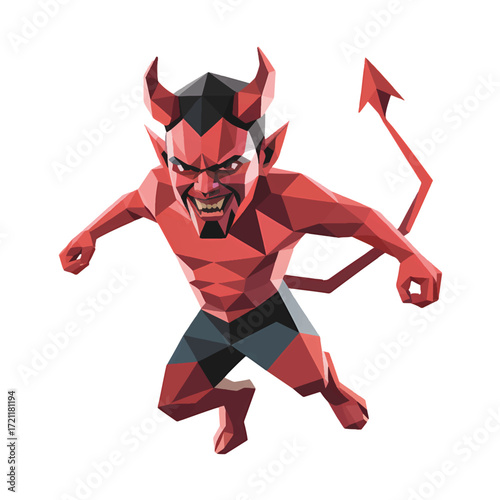 Red devil character in a bold geometric style, striking a powerful pose during a creative design showcase